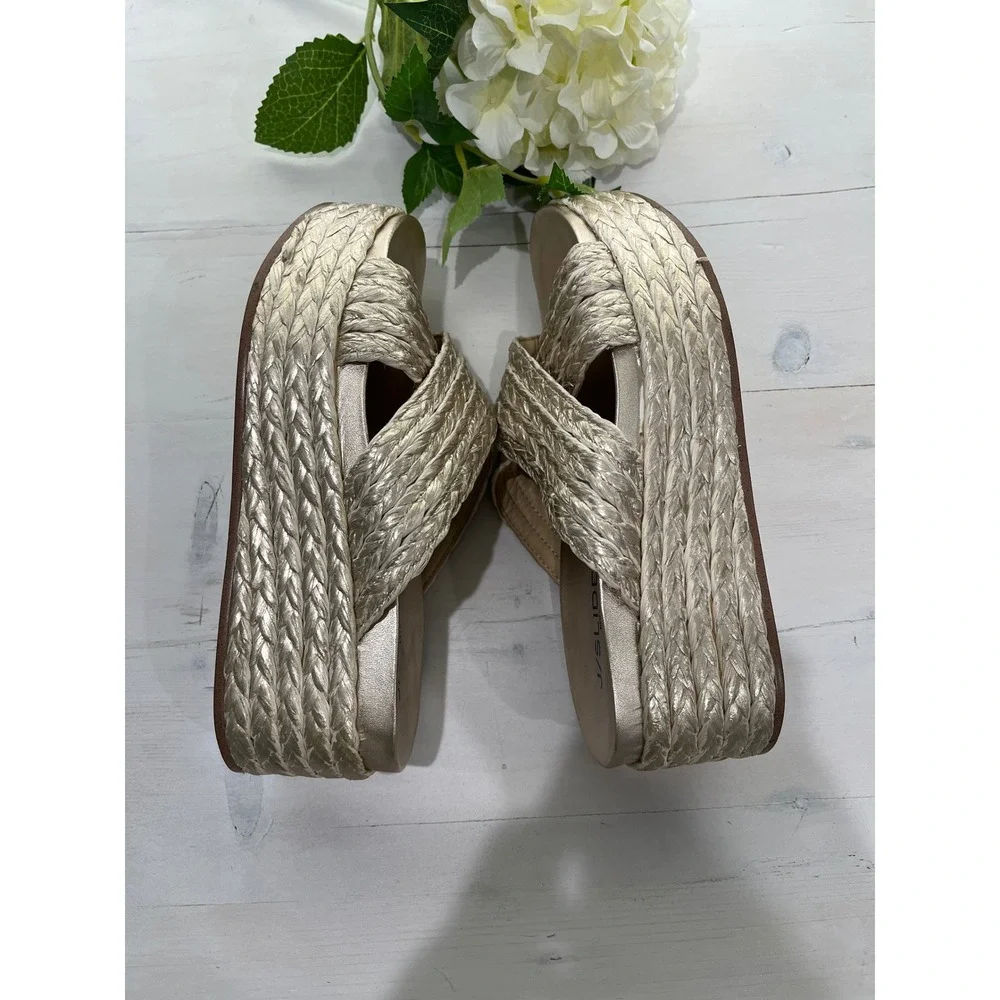 J/Slides NYC Gold Woven Cross Strap Platform Wedge‎ Sandals